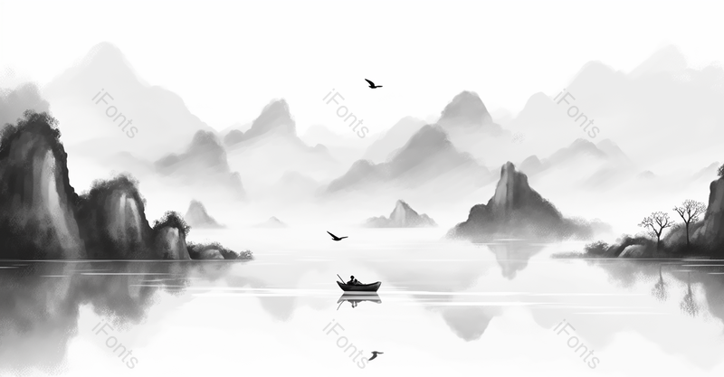 中国风质感山水平静的湖泊的一艘小船黑白水墨风格画艺术背景插画,插画/手绘图,插画/手绘图库,插画/手绘图下载,插画/手绘